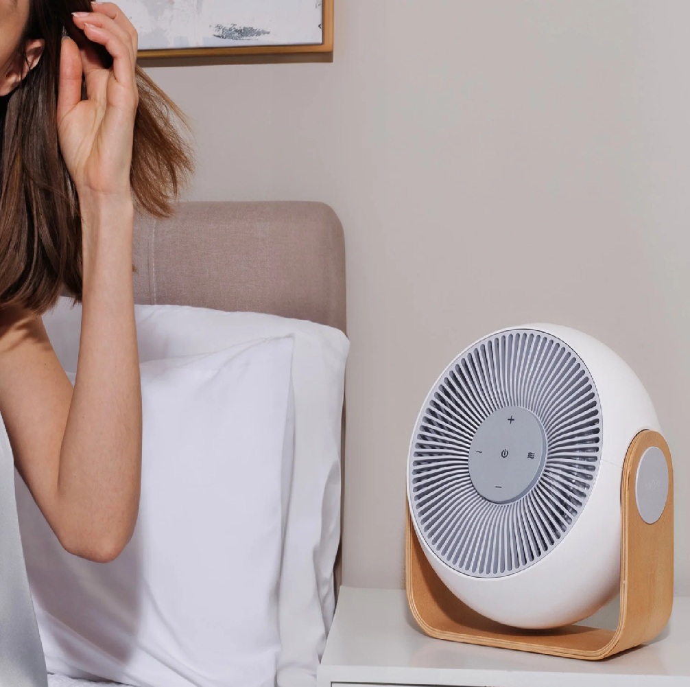 Fan providing white noise and cooler air for sleep